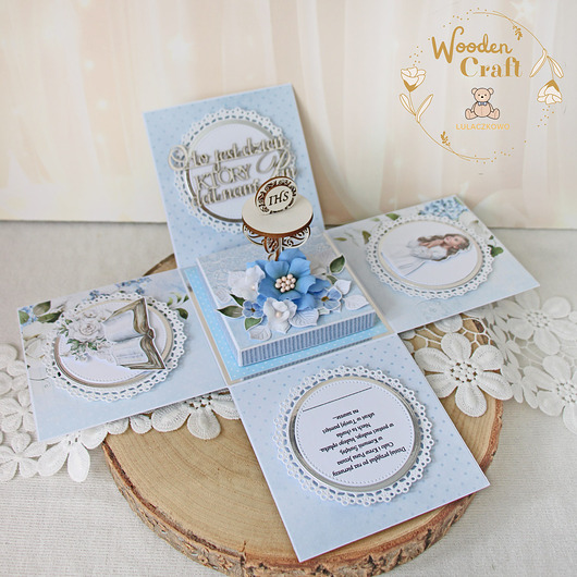 kartki na komunię Exploding box komunijny, kartka na komunię "Lovely Day in Blue" GOTOWY