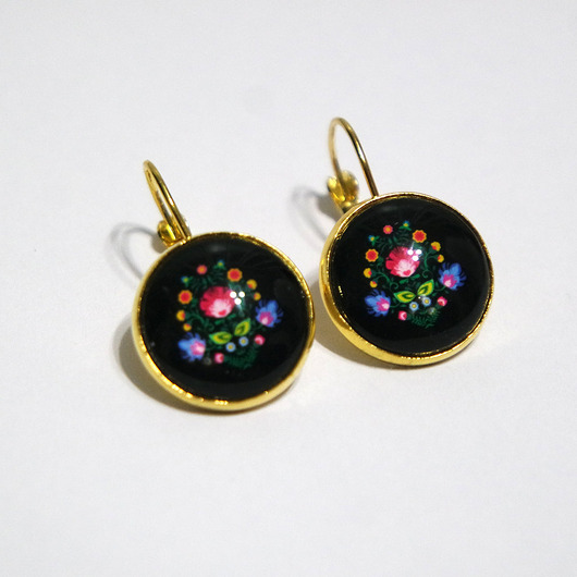 kolczyki szklane Kolczyki - Ludowe, czarne - kolor złoty