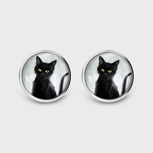 kolczyki szklane Kolczyki sztyfty - Czarny kot - grafika