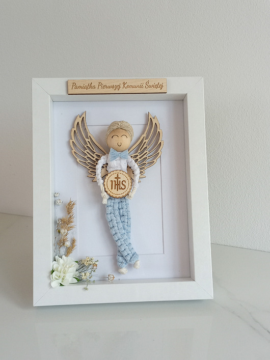 komunia - pozostałe Anioł stróż w ramce, pamiątka Pierwszej Komunii Świętej dla chłopca