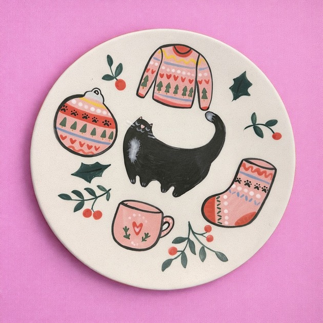 patery i talerze Świąteczny talerz z kotkiem, świąteczne wzory