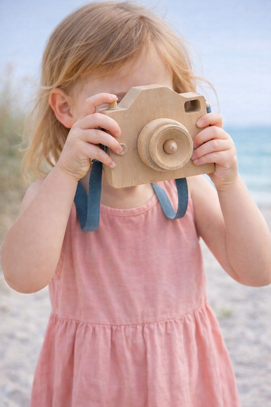 klocki i zabawki drewniane Drewniany aparat dla dzieci ze skórzanym paskiem