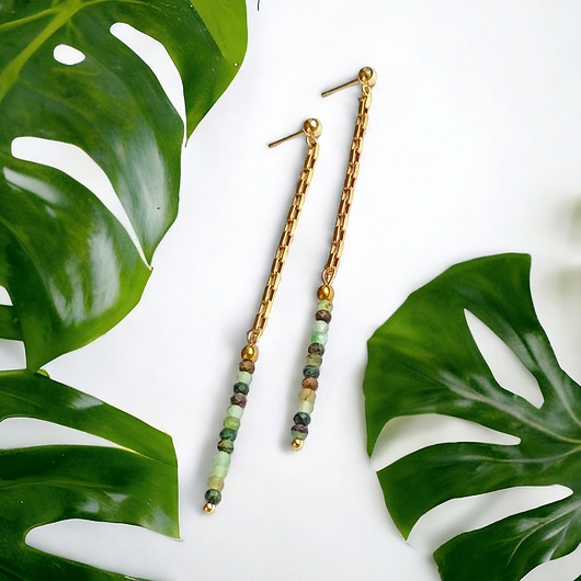 kolczyki z kamieniami Długie kolczyki - patyczaki - jadeit zielono-brązowy