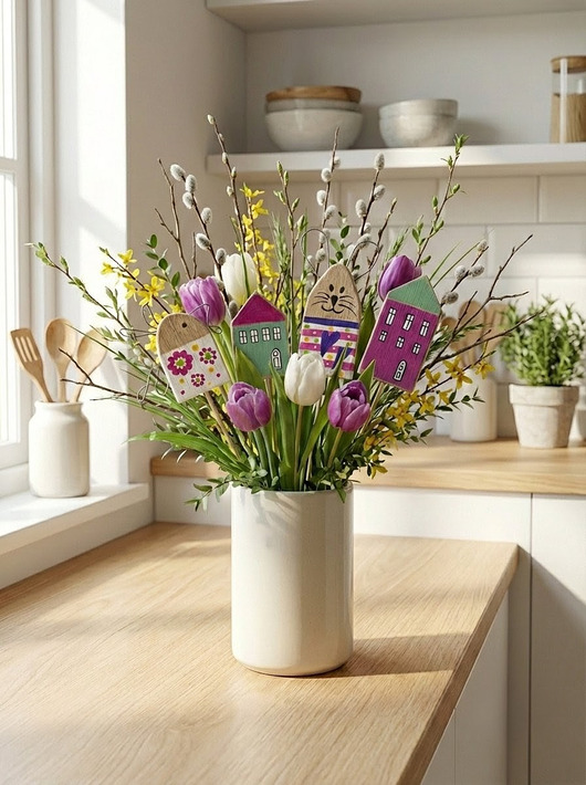 ozdoby wielkanocne Zestaw Wielkanocny Drewniane Ozdoby  na piku w Stylu Skandynawskim