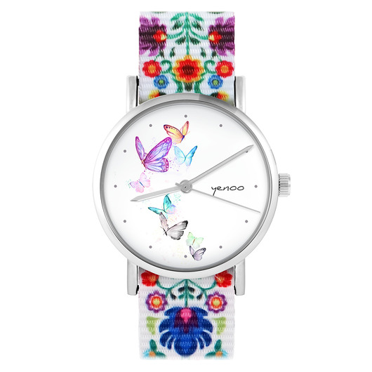 zegarki damskie Zegarek - Motyle - folk biały, nato