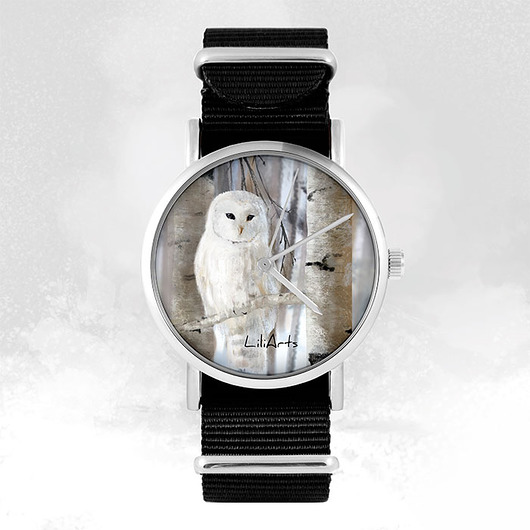 zegarki damskie Zegarek - Biała sowa - czarny, nylonowy