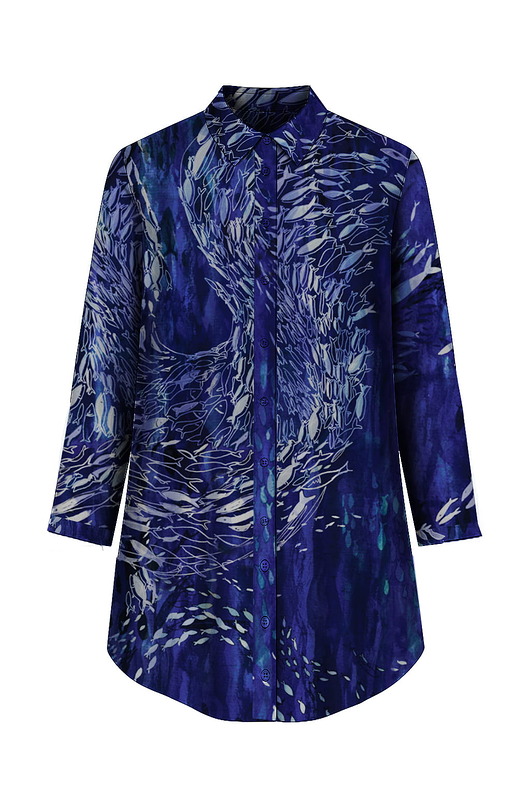 koszule damskie Granatowa KOSZULA oversize/ szmizjerka, autorski print rybki 100% wiskoza