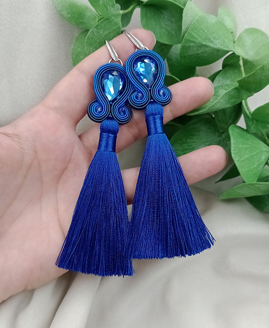 kolczyki soutache Kolczyki z chwostami kobaltowe, niebieskie chwosty, długie klipsy