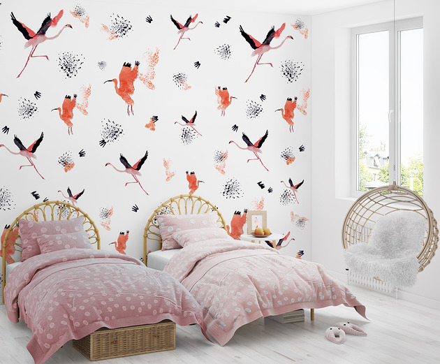 naklejki ścienne do pokoju dziecka Tapeta dla dzieci Flamingi ( Crimson Birds )