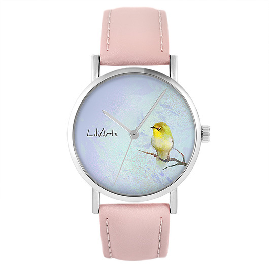 zegarki damskie Zegarek - Żółty ptaszek - skóra, pudrowy róż