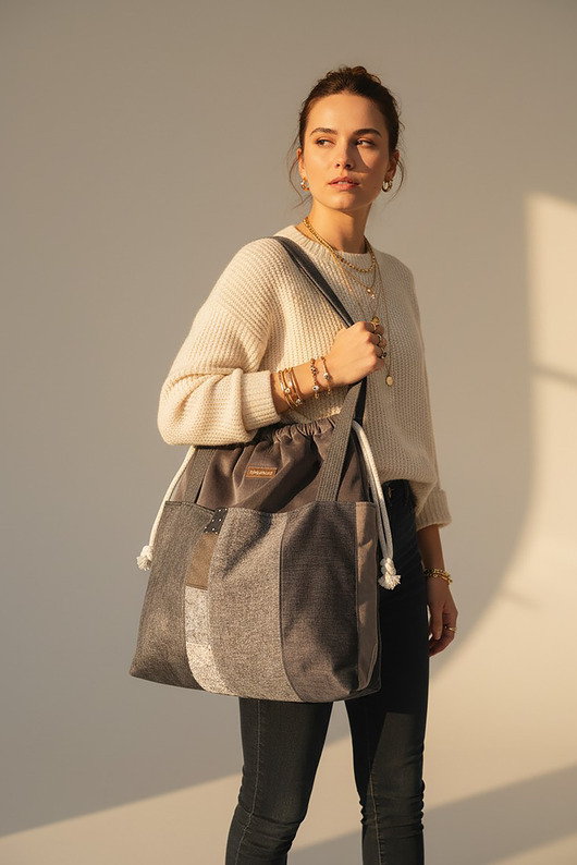 torby na ramię Duża szara torba z kominem z weluru patchwork