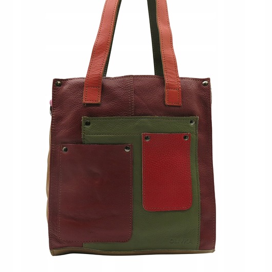 torby na ramię Torebka damska shopper, pojemna, skórzana ze skrawków kolorowa OLIVKA