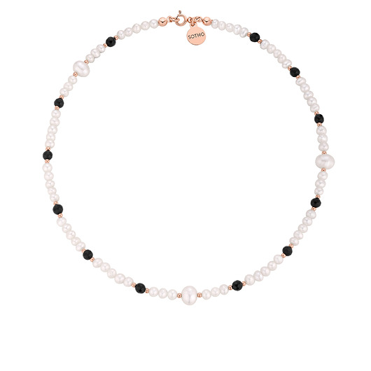 złote naszyjniki Naszyjnik z różowego złota z pereł naturalnych i onyksu