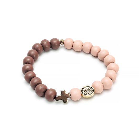 bransoletki drewniane Różowo brązowa bransoletka z krzyżykiem, różaniec na rękę, drewno
