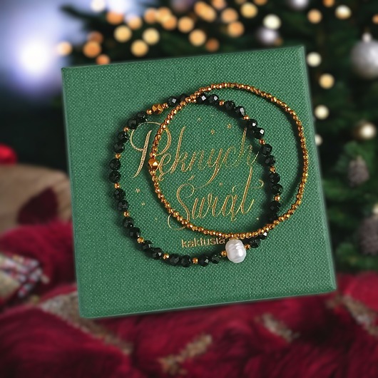 bransoletki z kamieni naturalnych Świąteczny zestaw bransoletek : ciemna zieleń, złoto, perła : szmaragd nilu
