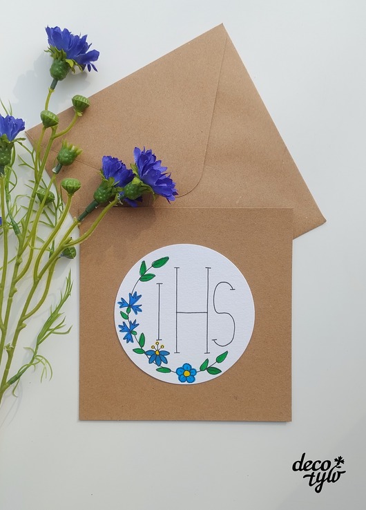 kartki scrapbooking Kartka I Komunia Święta, wzory kociewskie, 15x15 cm.