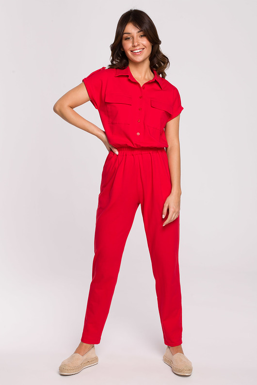 kombinezony damskie Kombinezon safari z kołnierzykiem-czerwony(B223)