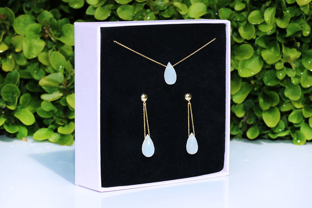 Komplet Kamień Księżycowy Krople złoto 585 Brazi Druse Jewelry
