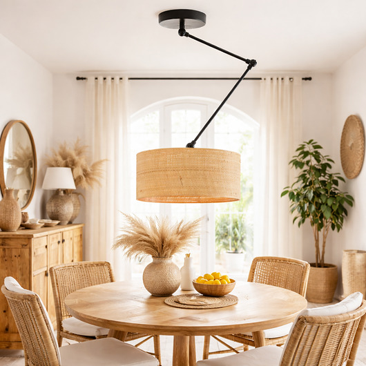 lampy wiszące Lampa sufitowa na wysięgniku regulowanym nad stół NEWA BOHO kloszem z rattanu