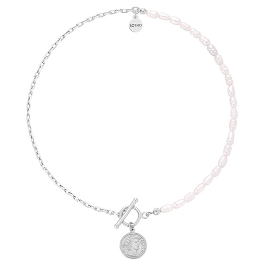 srebrne naszyjniki Srebrny naszyjnik z pereł naturalnych zdobiony monetą