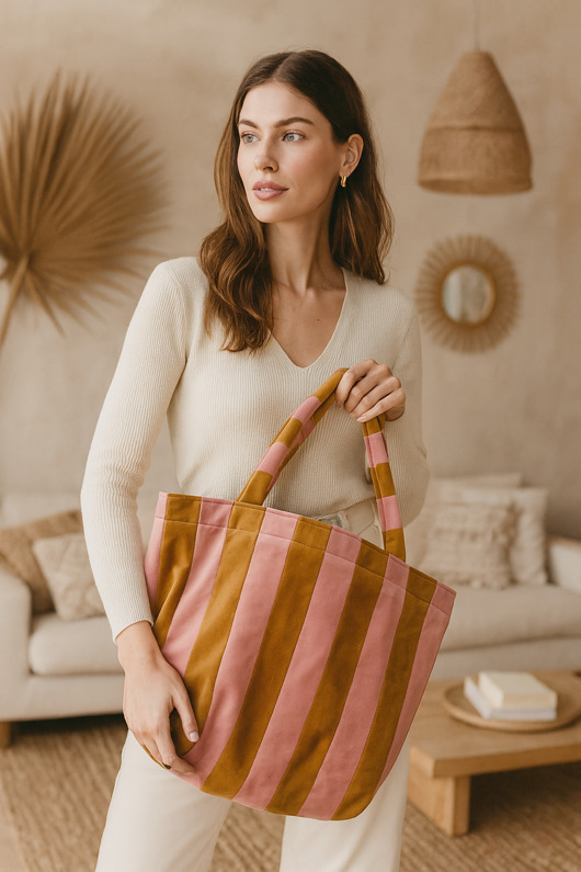 torby XXL Velvetowa Torba na ramię Róż/Musztarda