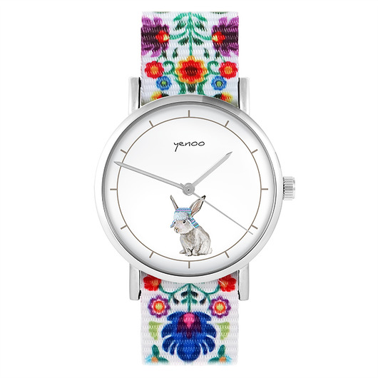 zegarki damskie Zegarek - Zajączek - folk biały, nylonowy