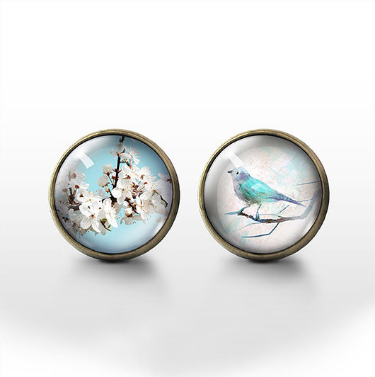 kolczyki szklane Kolczyki - Kwitnące kwiaty, ptak - brąz