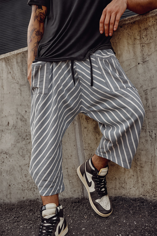 spodnie męskie Szerokie spodnie NAMASTE z wiskozy szare w paski