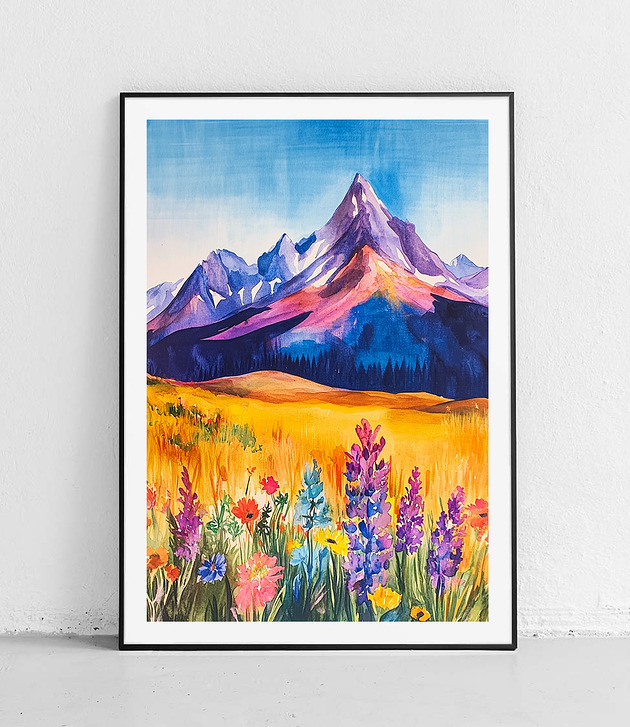 plakaty Plakat Kolorowa łąka u stóp gór