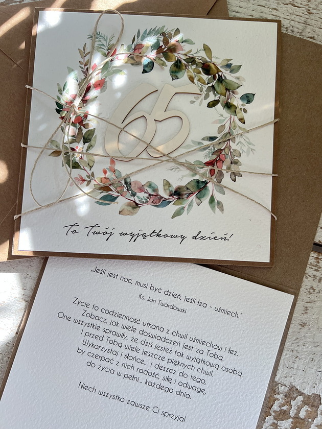 kartki scrapbooking Ręcznie robiona kartka na 65 urodziny, pomysł prezent na piękne życzenia