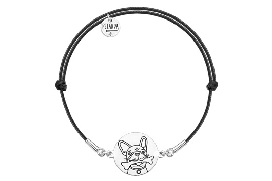 Srebrna bransoletka na czarnym sznurku buldog  Petarda Design