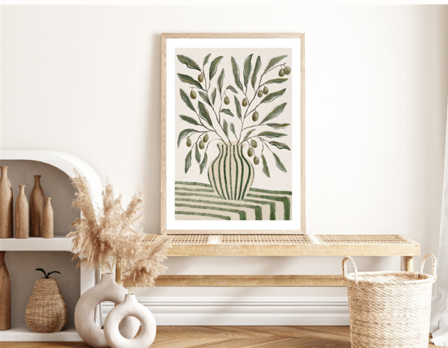 grafiki i ilustracje PLAKAT abstrakcyjny kwiaty oliwki wazon paski