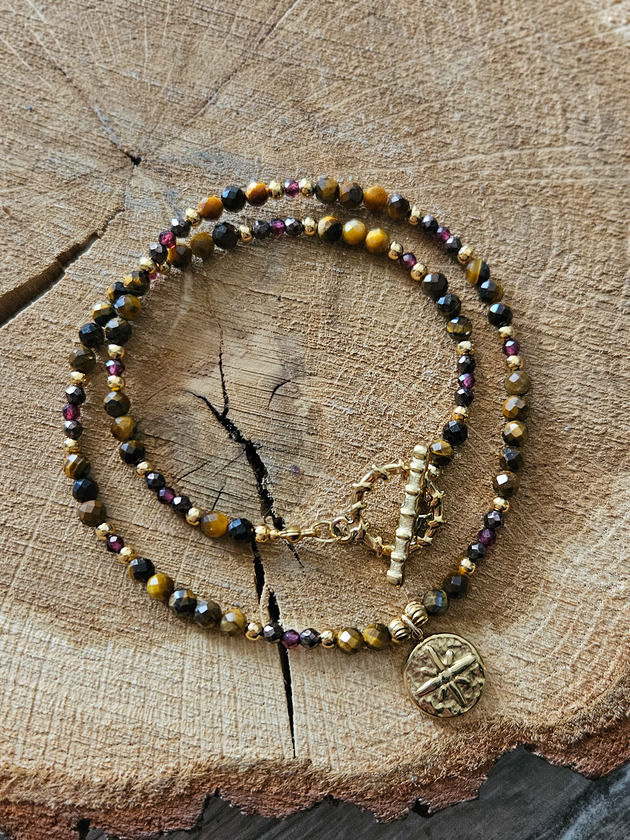 chokery Choker z tygrysim okiem, granatem hematytem