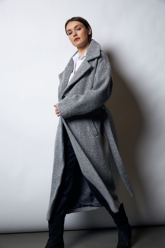 płaszcze damskie Wełniany płaszcz jodła szaro-granatowa MAXI