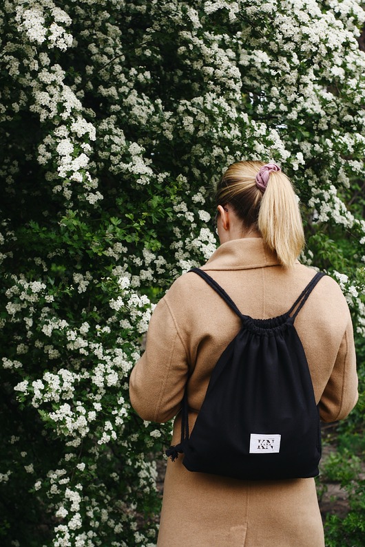 plecaki Czarny bawełniany worek na plecy Biała naszywka