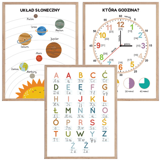 obrazy i plakaty do pokoju dziecięcego Plakaty edukacyjne dla dzieci Alfabet, Uklad słoneczny,Zegar