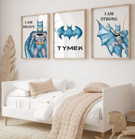 obrazy i plakaty do pokoju dziecięcego Zestaw 3 plakatów Batman, metryczka, imię dziecka Wzory