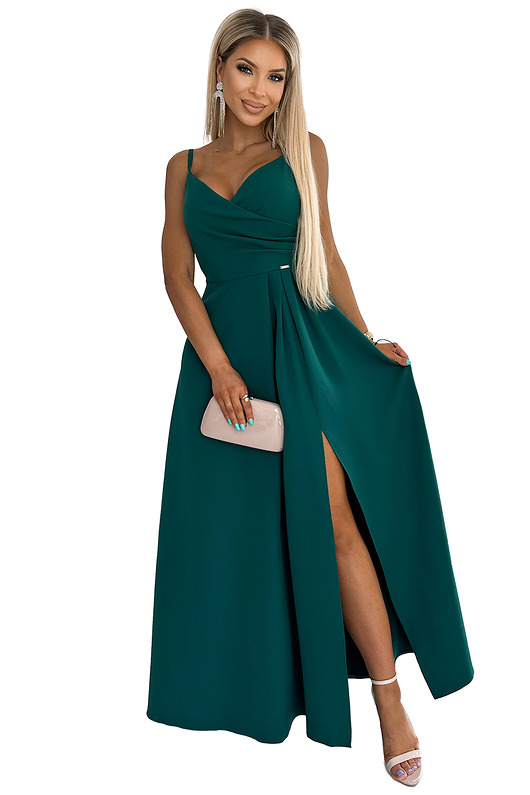sukienki maxi damskie 299-11 CHIARA elegancka maxi długa suknia na ramiączkach - ZIELONA