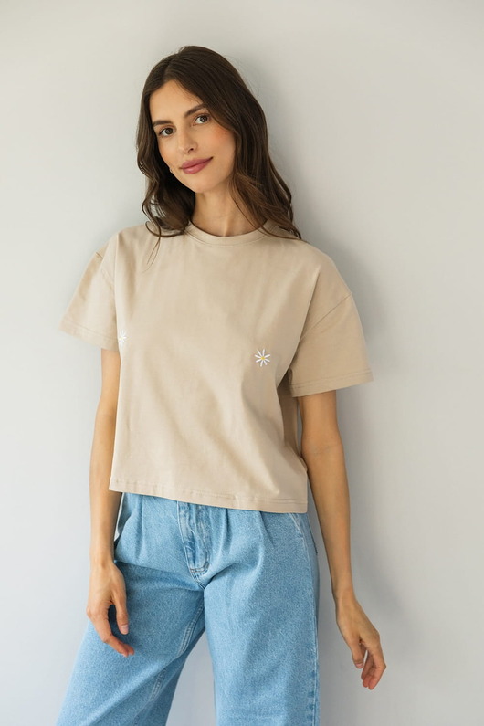 t-shirt damskie T-shirt Crop-Voila Hummus Białe Stokrotki