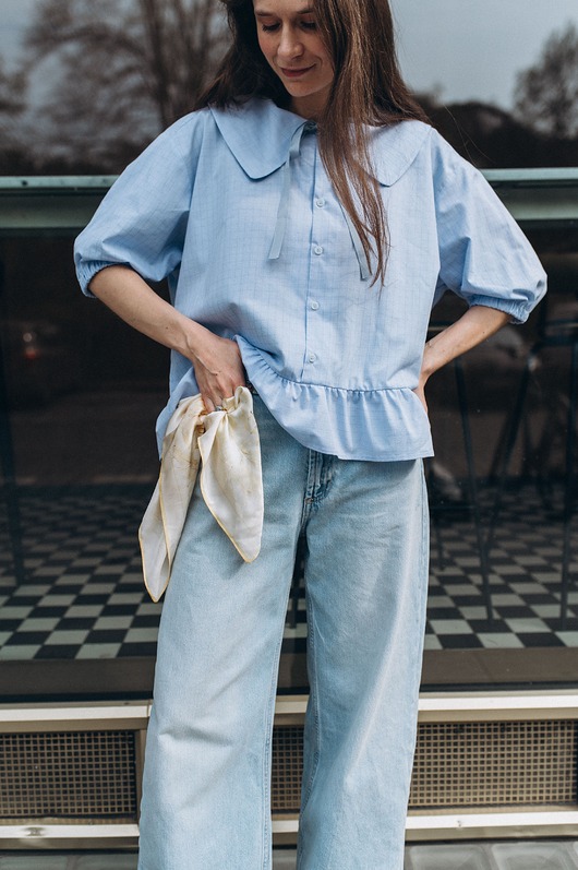 koszule damskie  Koszula z kołnierzem upcyklingowa niebieska w kratę oversize