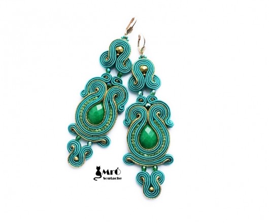 Szmaragd,turkus i złoto- kolczyki sutasz Mró Soutache