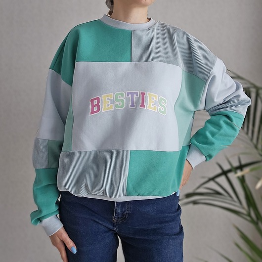 bluza bez kaptura damska Bluza patchwork - Mint Besties - Statement - oversize