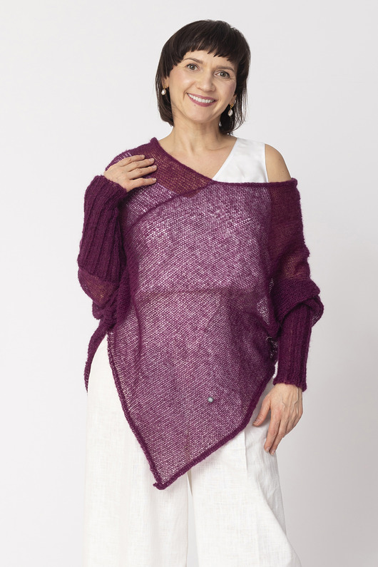 swetry damskie  Lekkie ponczo damskie z wełny - Bakłażanowe