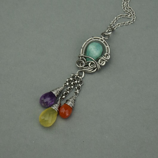 wisiory Kolorowy wisiorek wire wrapping ametyst chalcedon amazonit
