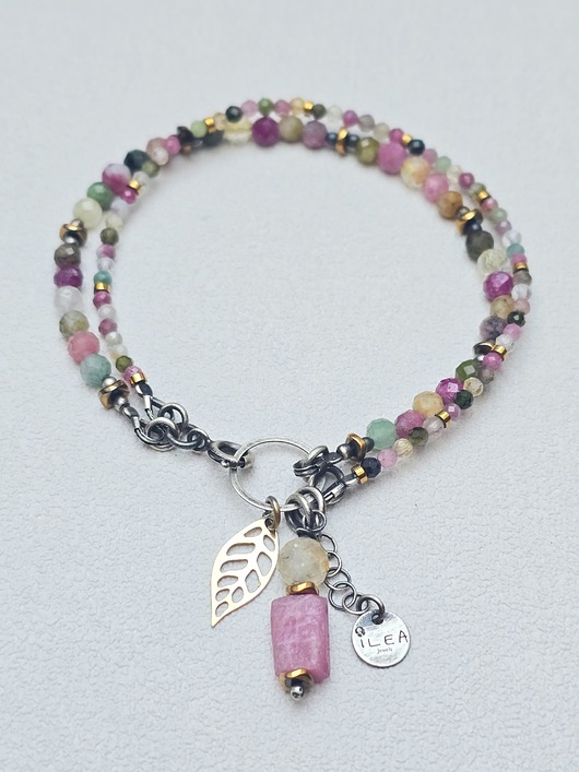 bransoletki srebrne Podwójna  Bransoletka  Turmaliny z Listkiem