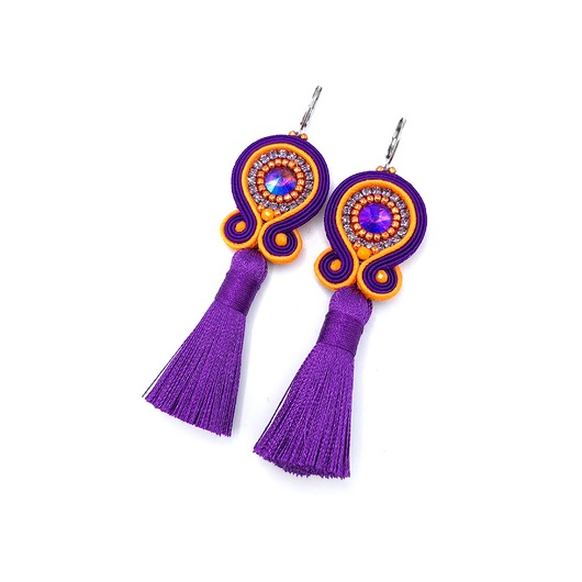 kolczyki soutache Kolczyki sutasz kolorowe pomarańczowo fioletowe wiosenne Cleo z chwostem