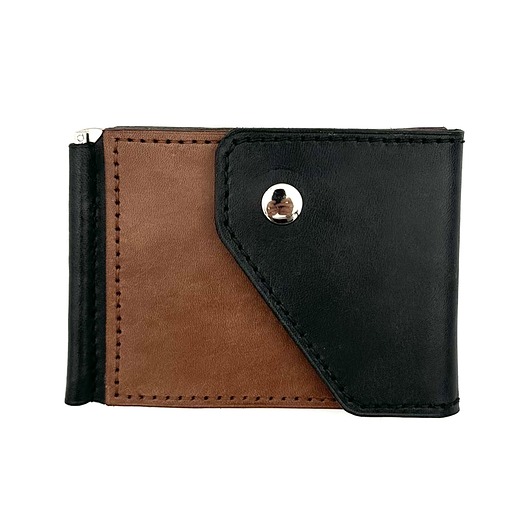 portfele damskie Czarno-brązowy portfel na klips skórzany ręcznie uszyty.