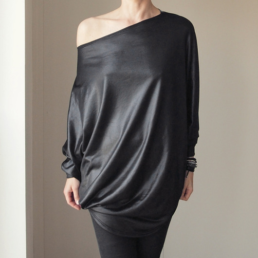 bluzki kimonowe damskie Nietoperz długi czarny dzianina skórzana