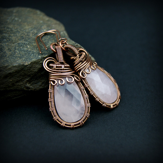 kolczyki wire wrapping Kolczyki z różowym kwarcem