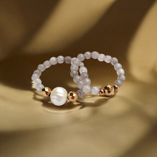 pierścionki elastyczne Zestaw pierścionków : agat szary, perła, złoty hematyt